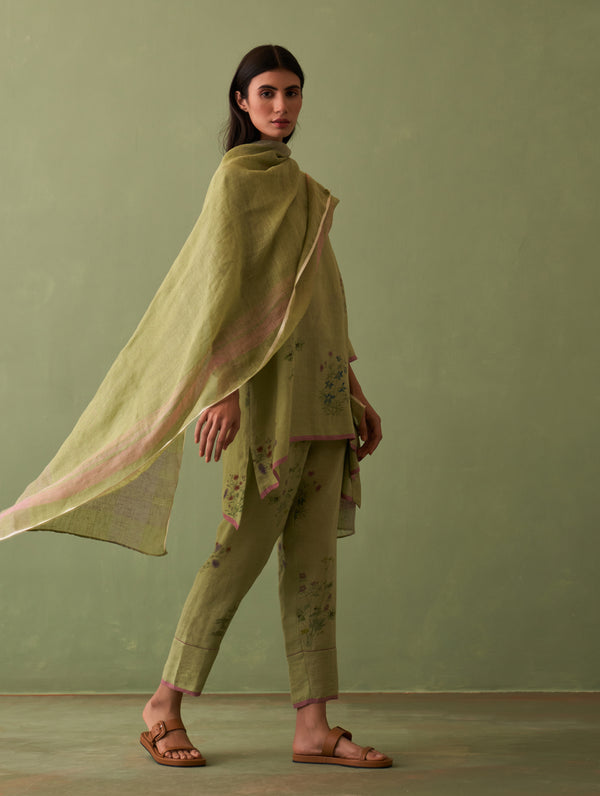 Riko Border Linen Dupatta - Fern