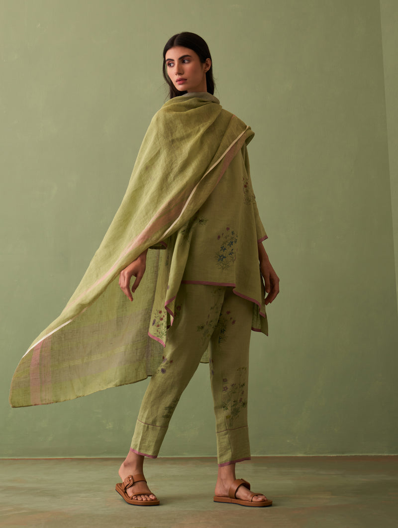 Riko Border Linen Dupatta - Fern