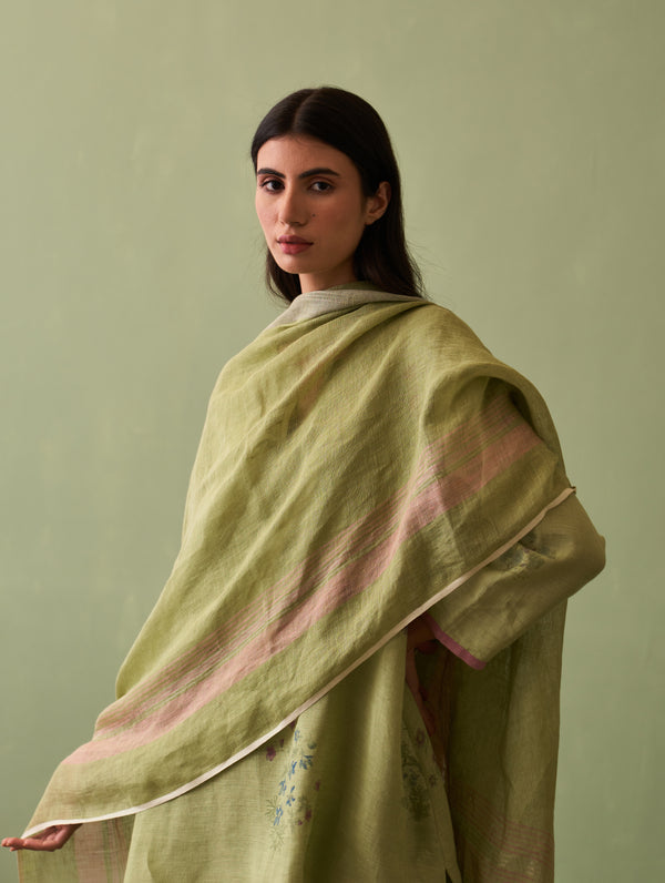 Riko Border Linen Dupatta - Fern