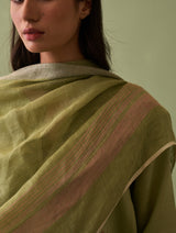 Riko Border Linen Dupatta - Fern