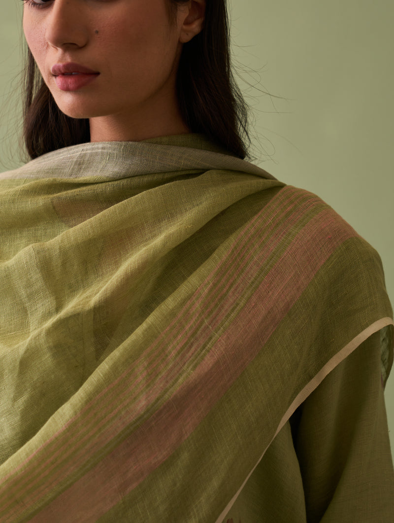 Riko Border Linen Dupatta - Fern