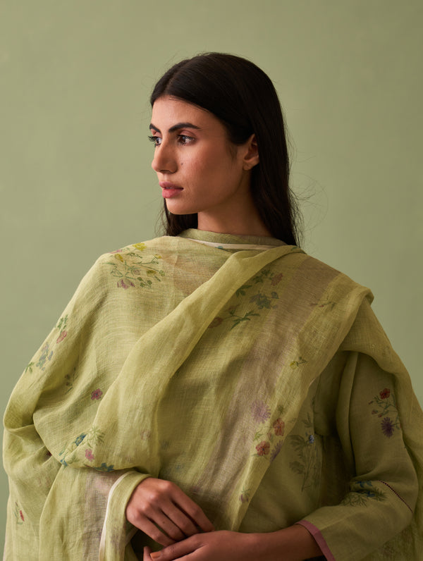 Sera Botanical Linen Dupatta - Fern