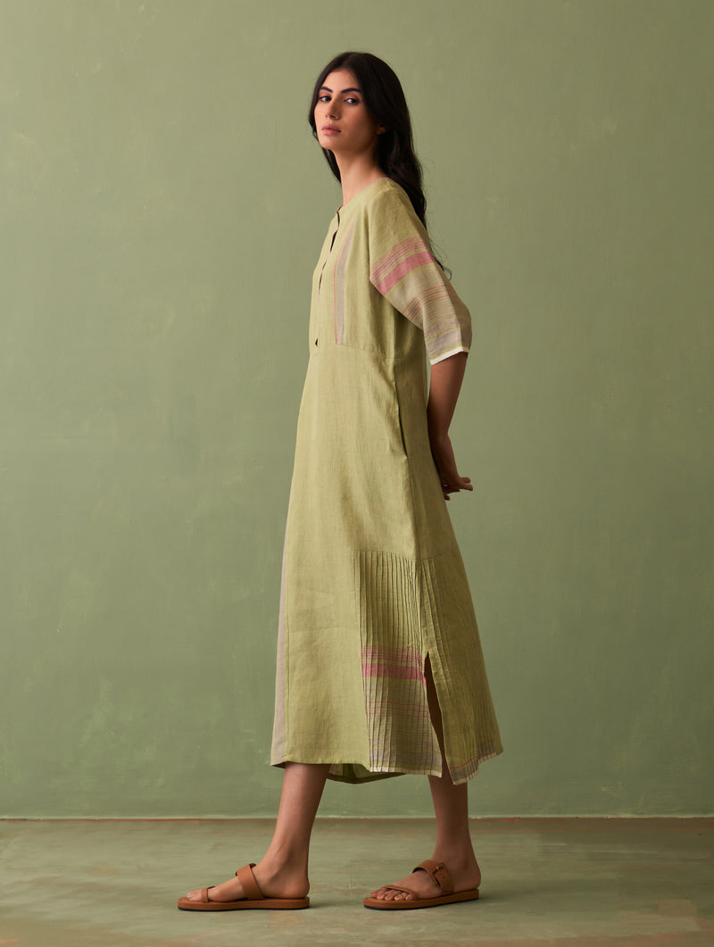 Nia Stripe Linen Dress - Fern