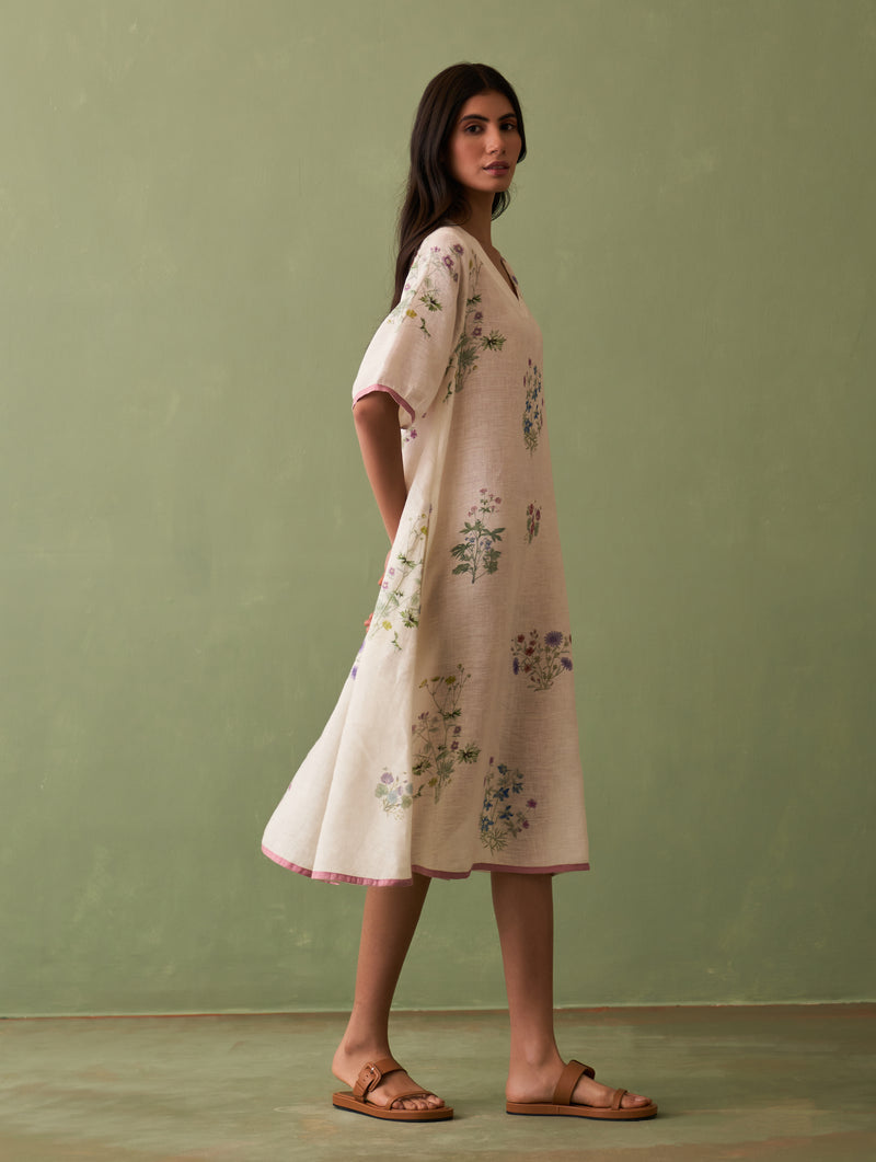 Kanami Botanical Linen Dress - Ivory
