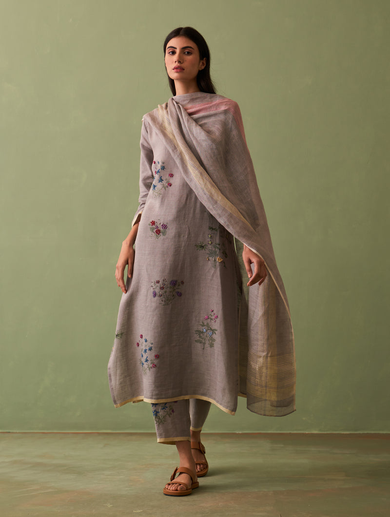Sakura Botanical Linen Kurta Set - Ash