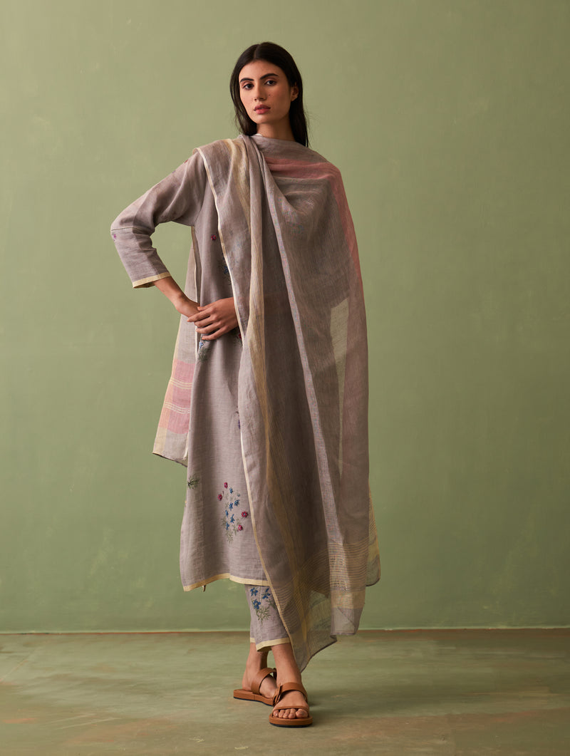 Sakura Botanical Linen Kurta Set - Ash