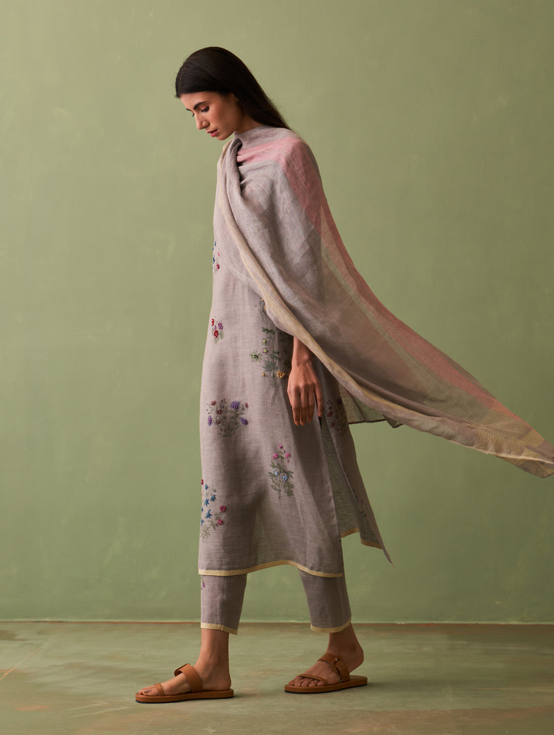 Sakura Botanical Linen Kurta Set - Ash