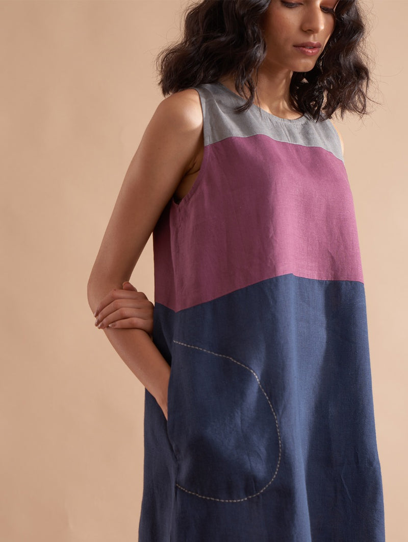 Miki Color-Blocked Linen Dress - Dusk