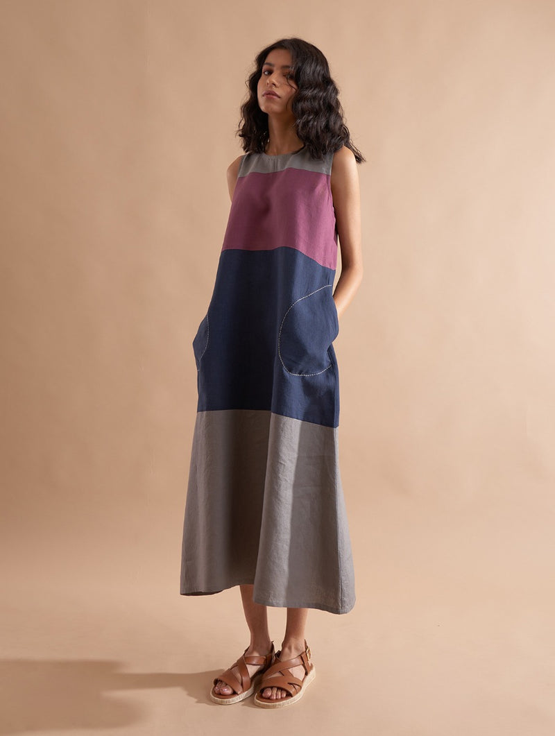Miki Color-Blocked Linen Dress - Dusk