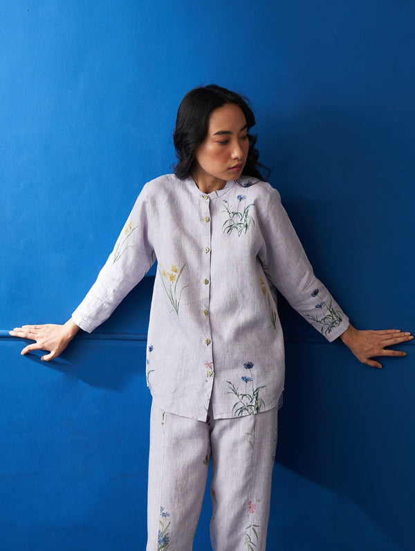 Mae Water-Color Botanical Printed Shirt - Lilac