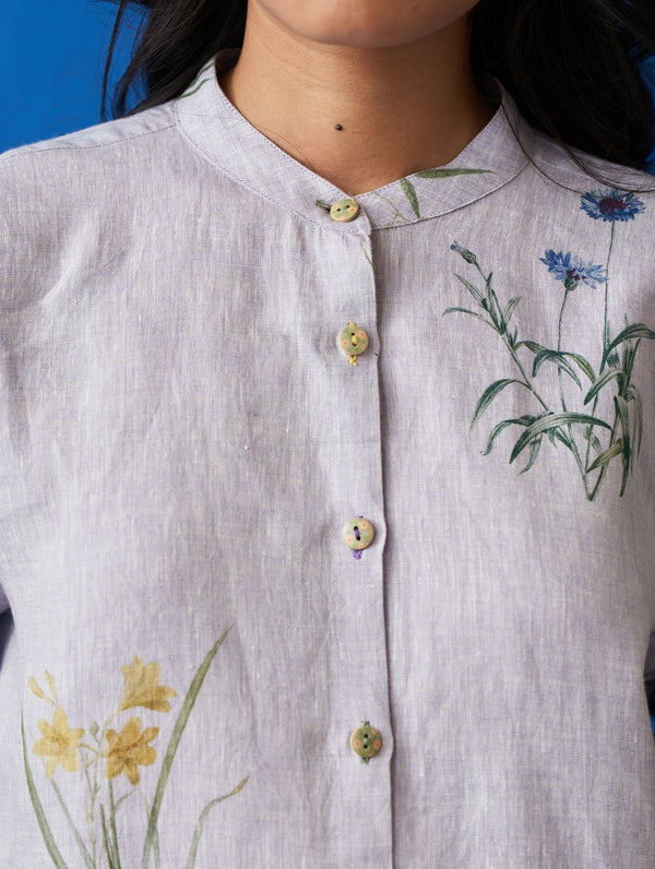 Mae Water-Color Botanical Printed Shirt - Lilac