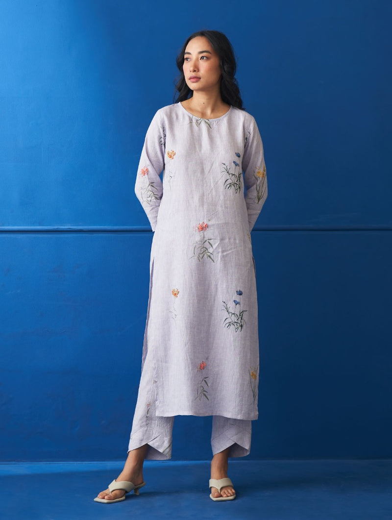 Lydia Watercolor Botanical Printed Linen Kurta - Lilac