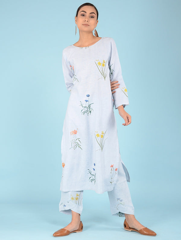 Lydia Watercolor Botanical Printed Linen Kurta