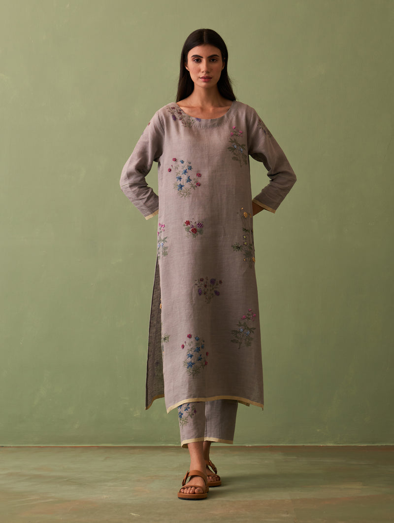 Sakura Botanical Linen Kurta Set - Ash