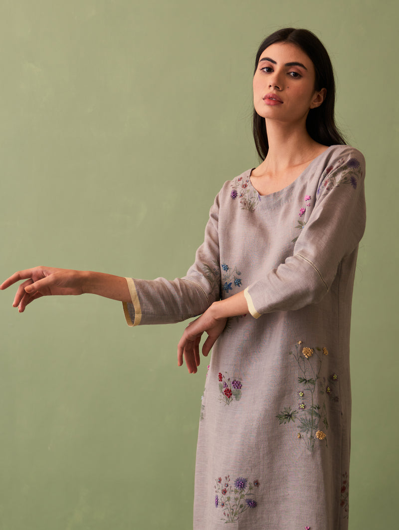 Sakura Botanical Linen Kurta Set - Ash