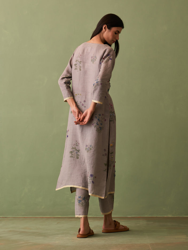 Sakura Botanical Linen Kurta Set - Ash
