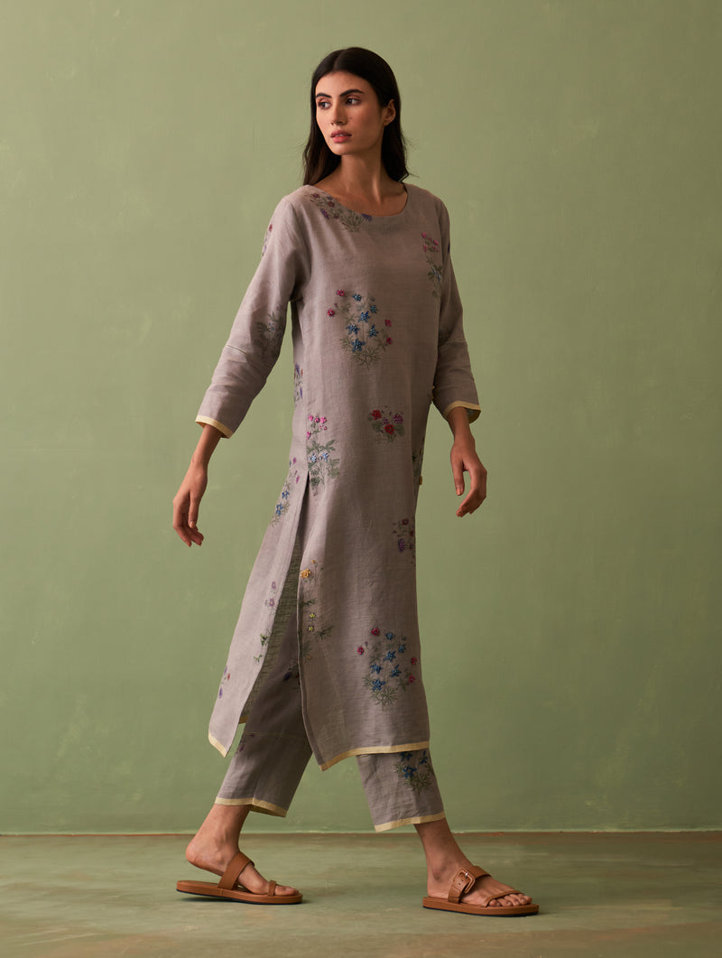 Sakura Botanical Linen Kurta Set - Ash