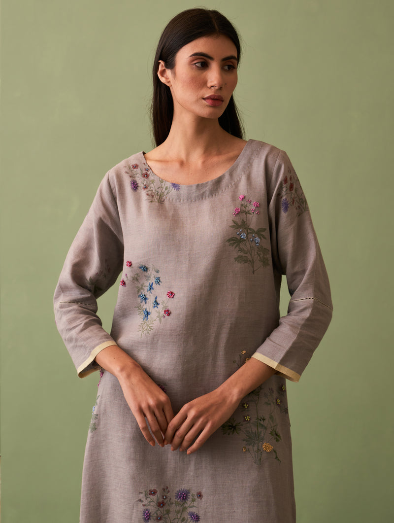 Sakura Botanical Linen Kurta Set - Ash